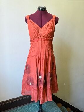 Floreat Orange Rust Red Embroidered Floral Sleeveless Cotton Belted Midi Dress